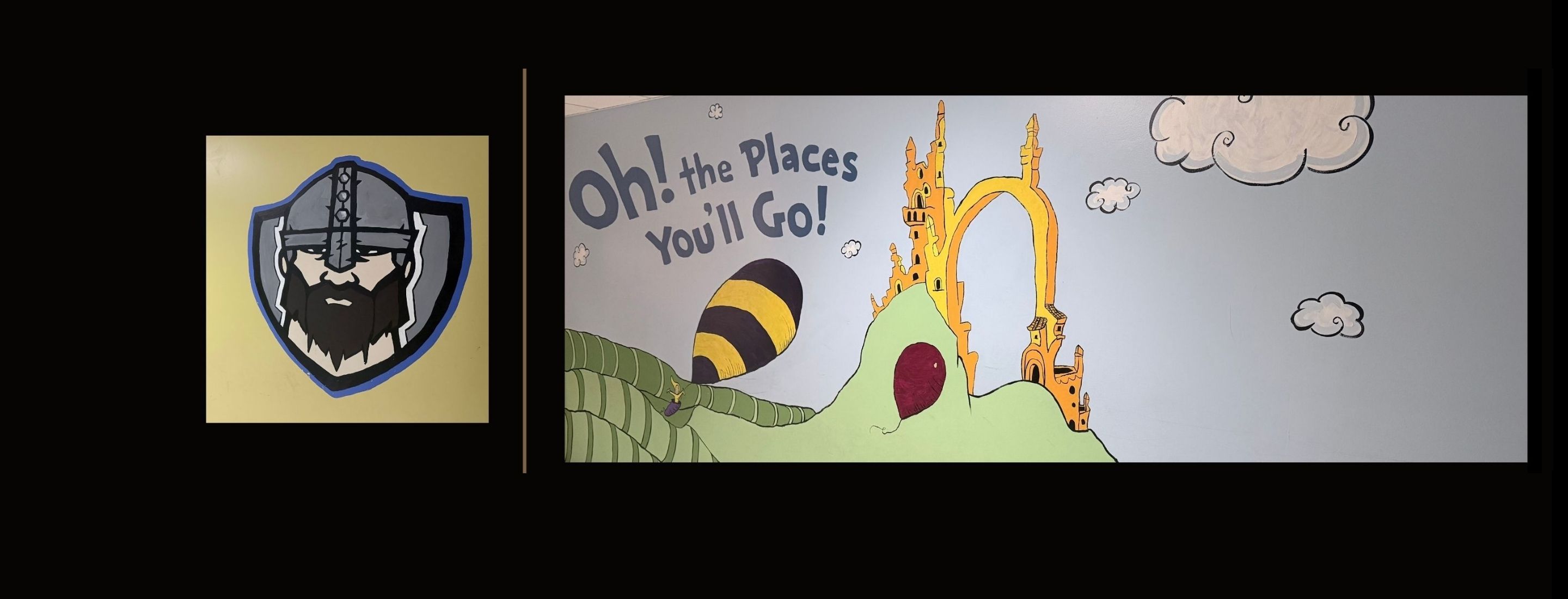 Murals of the Gael on a shield and Dr. Seuss's "Oh the places you will go."