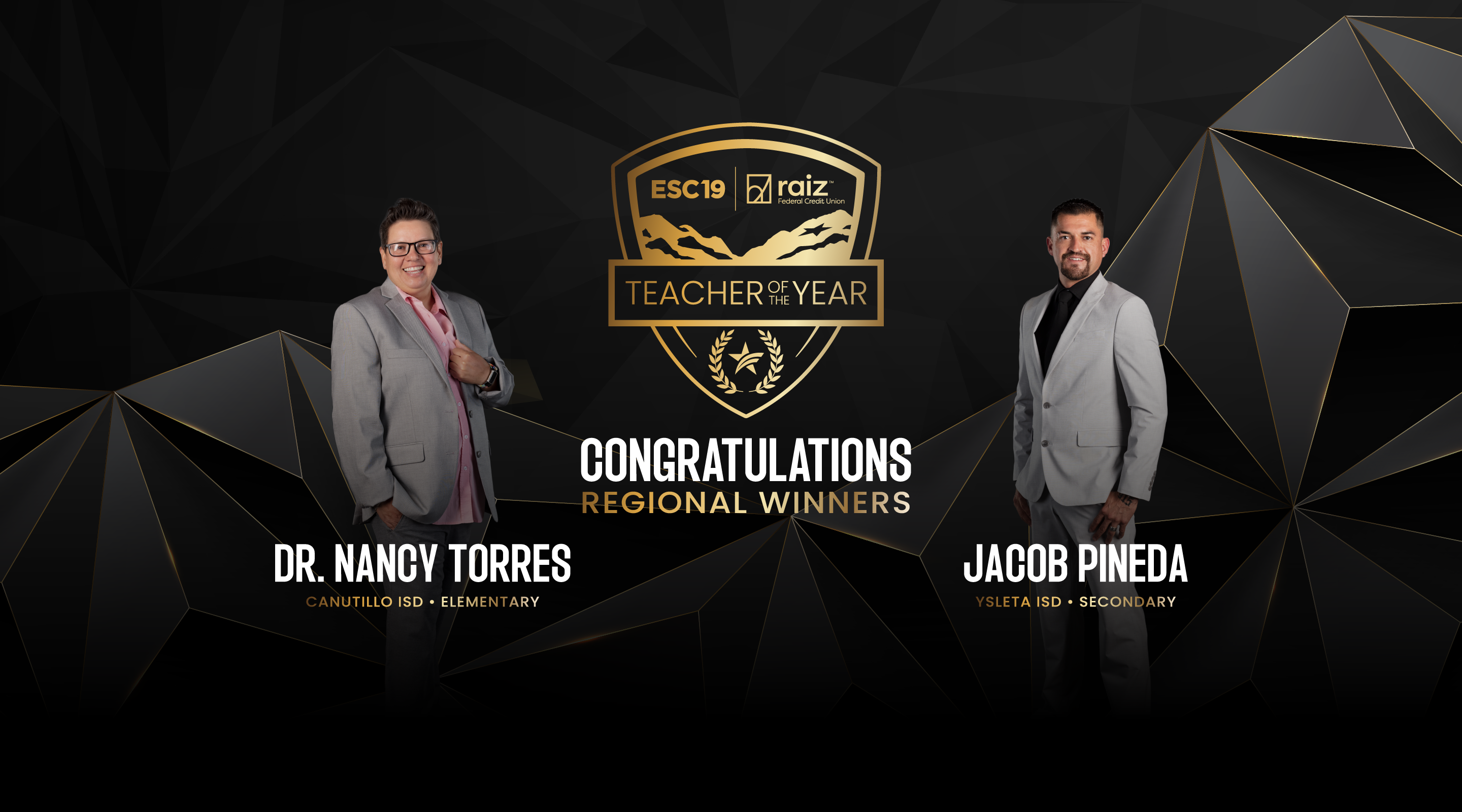 Two smiling individuals, Dr. Nancy Torres and Jacob Pineda, stand in the foreground against a dark, geometric background with a "Teacher of the Year" award emblem.