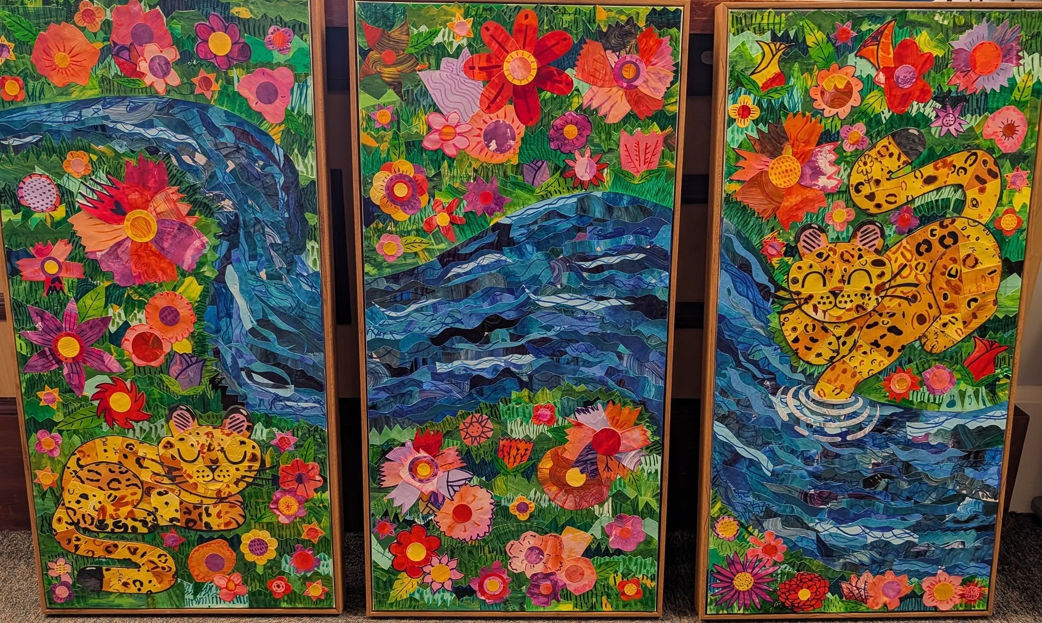 Three collage paintings that were created on cross-curricular night entitled "STrEAM" 2026. This was an endeavor led by art teacher Mrs. Goheen.  Each child completed a small piece- these pieces were used in a final three part collage.