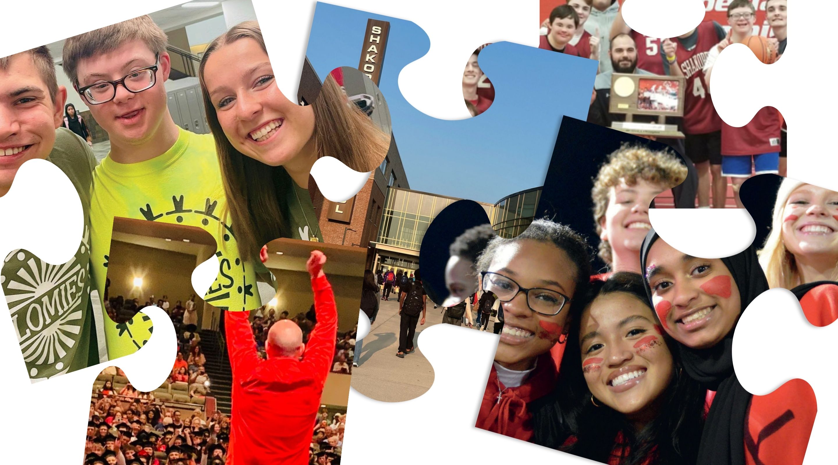 A collage of puzzle pieces features smiling young people in the foreground, with glimpses of a crowd and a building in the background.