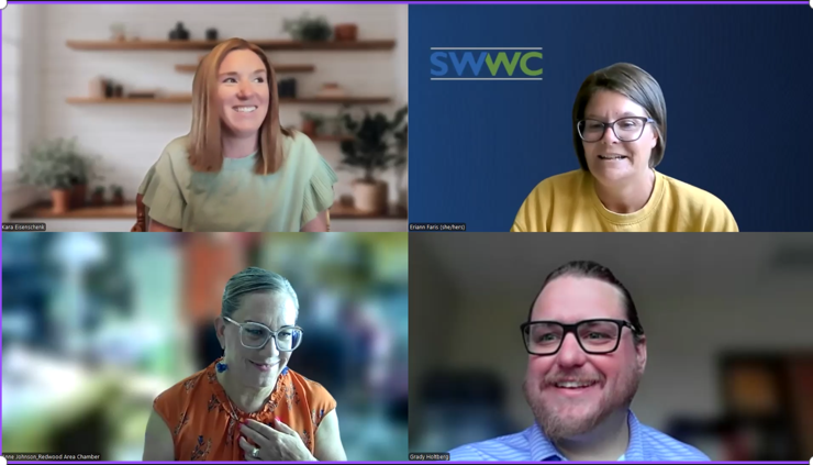 Four people on the screen during an online meeting