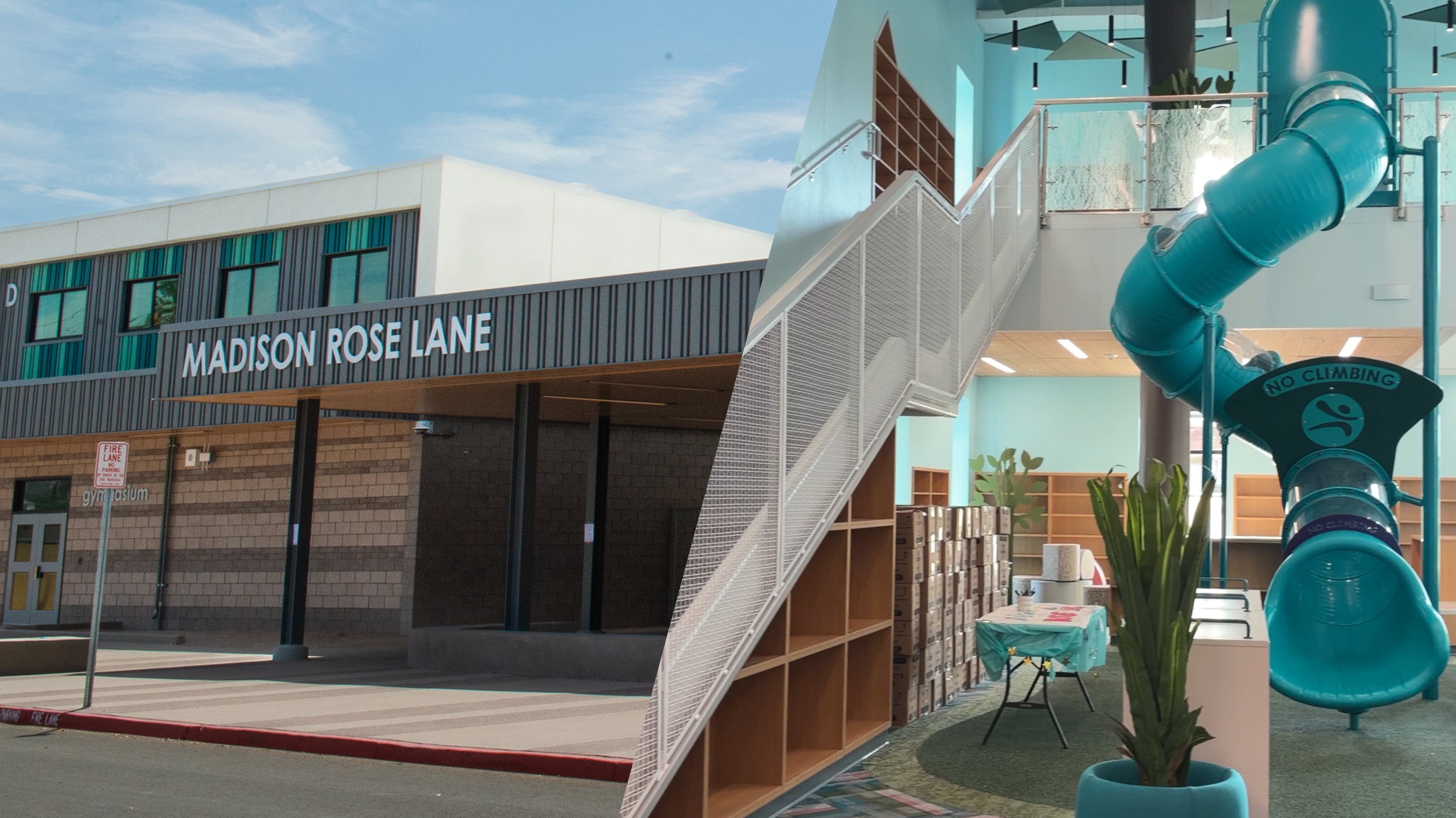 A modern school building with a playground slide is visible in the foreground, while the exterior of the school with its name "MADISON ROSE LANE" is in the background.