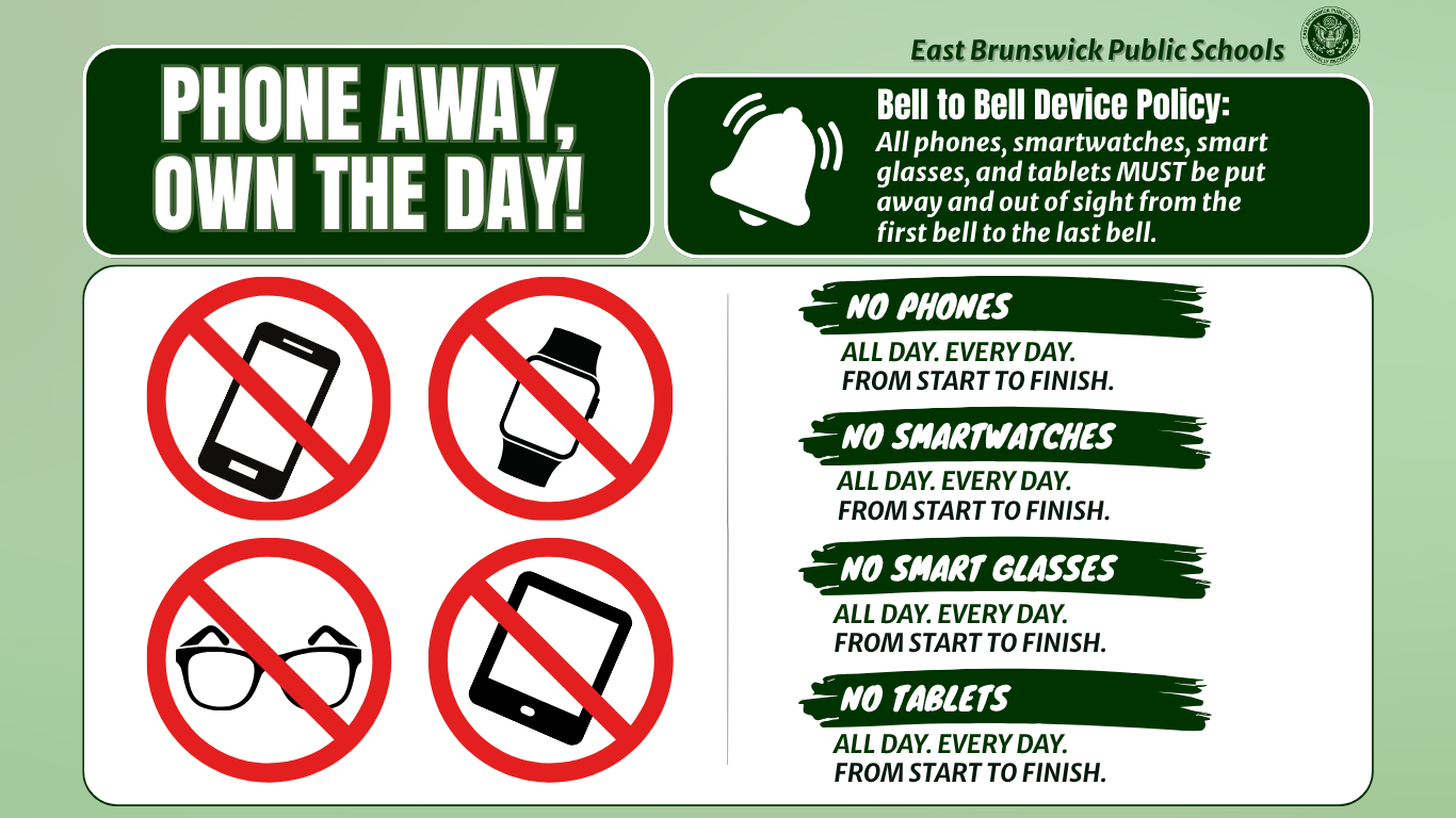 In the foreground, four red circles with diagonal lines over icons of a phone, smartwatch, smart glasses, and tablet are displayed next to text detailing a "Bell to Bell Device Policy" from East Brunswick Public Schools, while the background is a solid light green color.