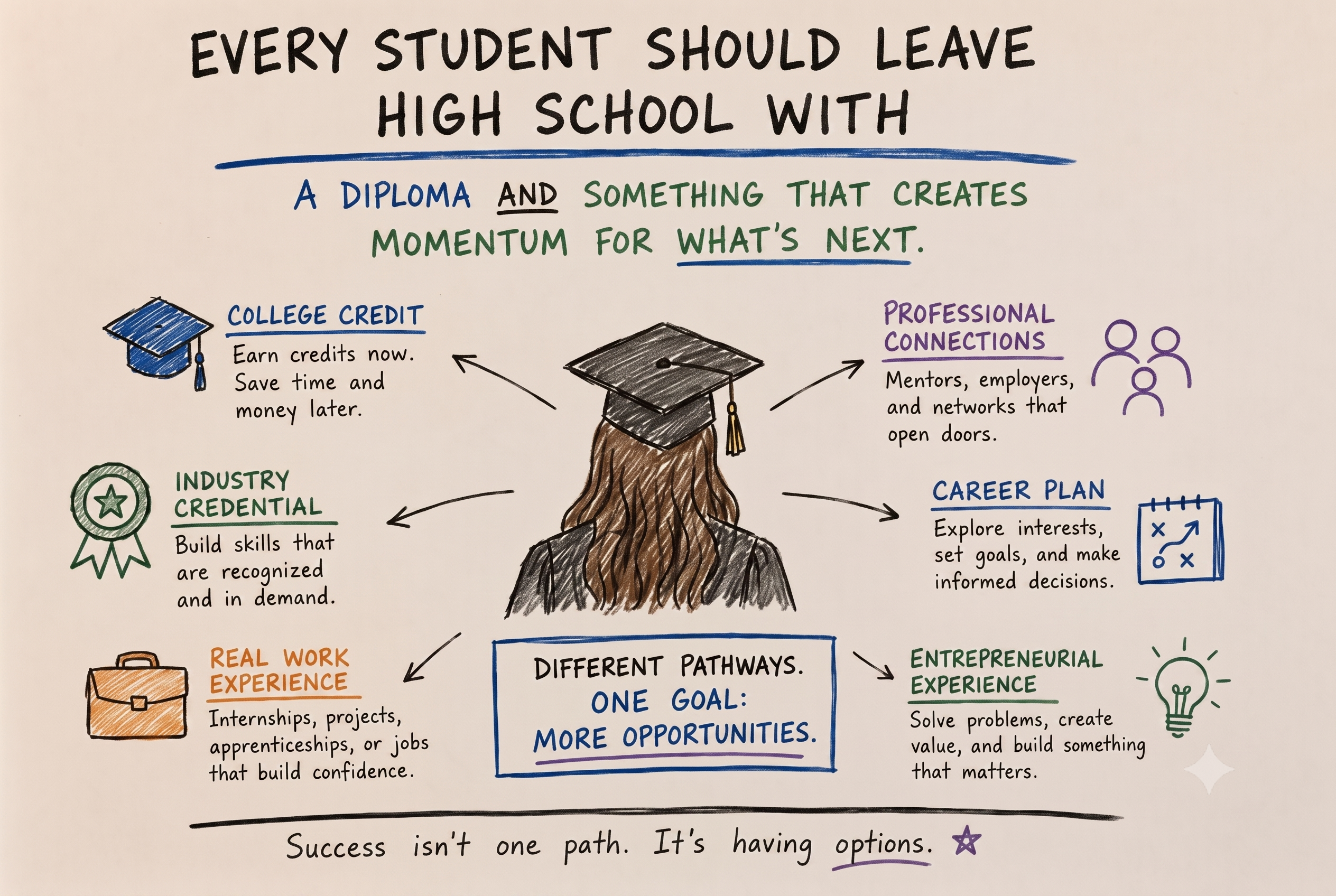 A hand-drawn infographic showing a high school graduate surrounded by six career-ready paths: college credit, industry credential, work experience, professional connections, a career plan, and entrepreneurial experience. The text reads: "EVERY STUDENT SHOULD LEAVE HIGH SCHOOL WITH A DIPLOMA AND SOMETHING THAT CREATES MOMENTUM FOR WHAT'S NEXT."