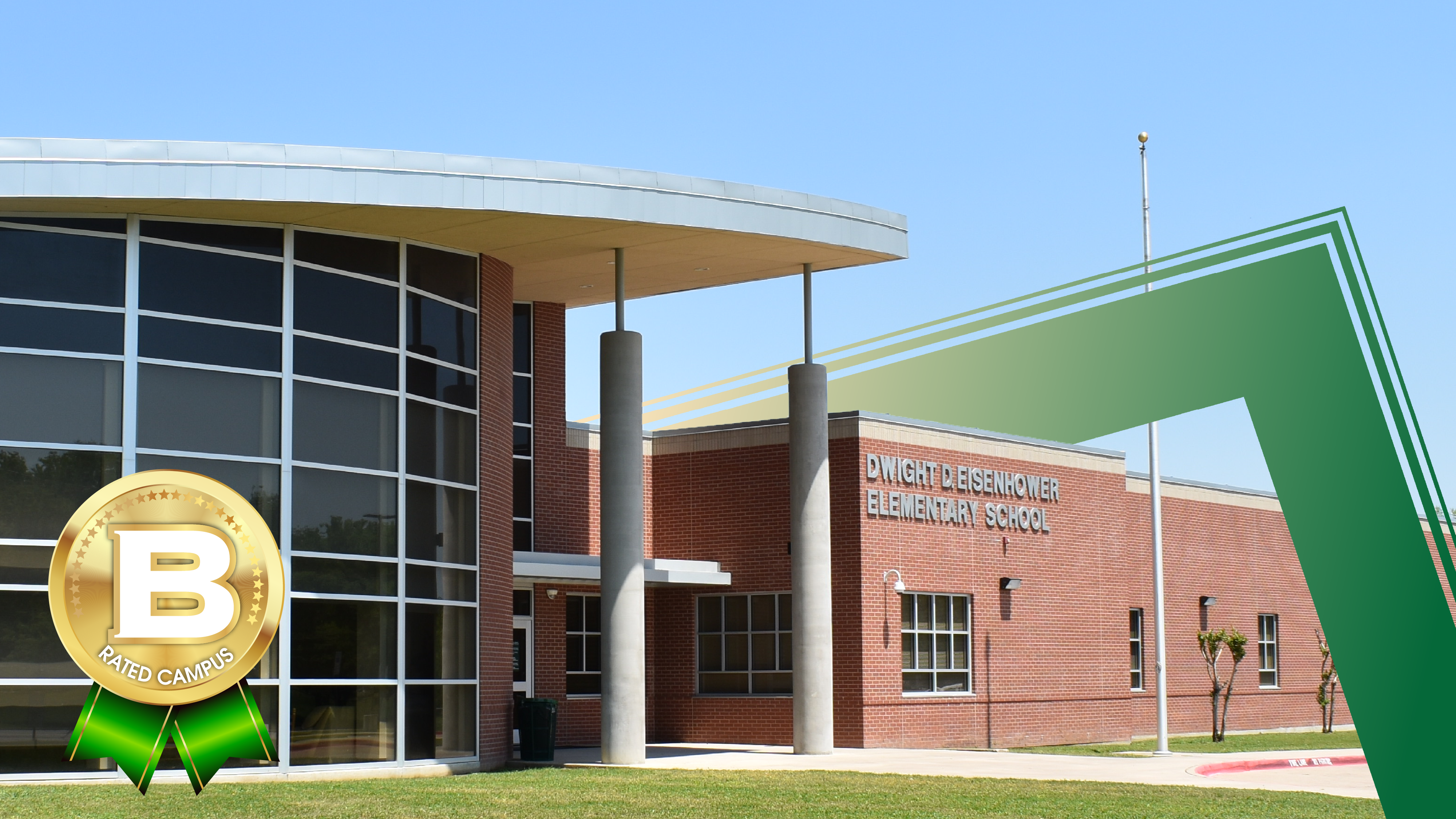 A brick elementary school with large windows and a circular entrance is set against a clear blue sky, with a "B Rated Campus" seal in the foreground.