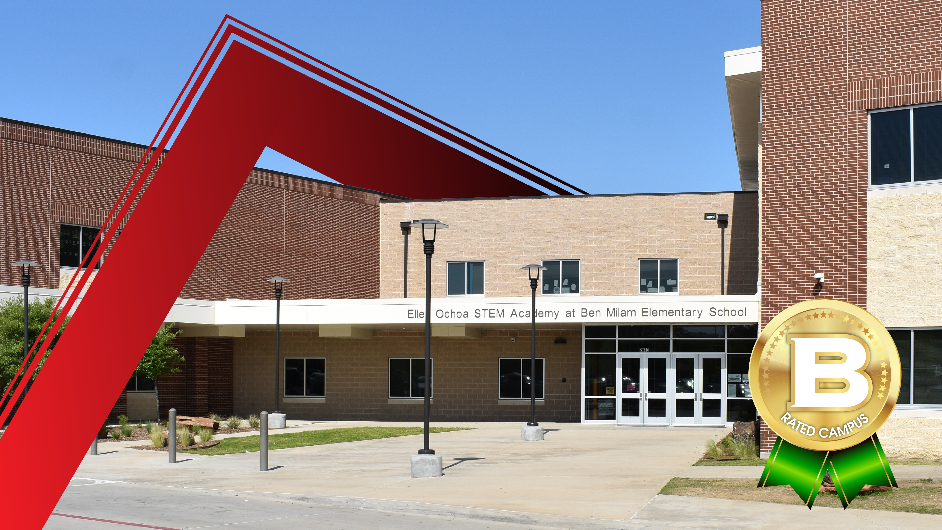 A large red arrow points towards a brick building with a "B Rated Campus" seal in front of it.