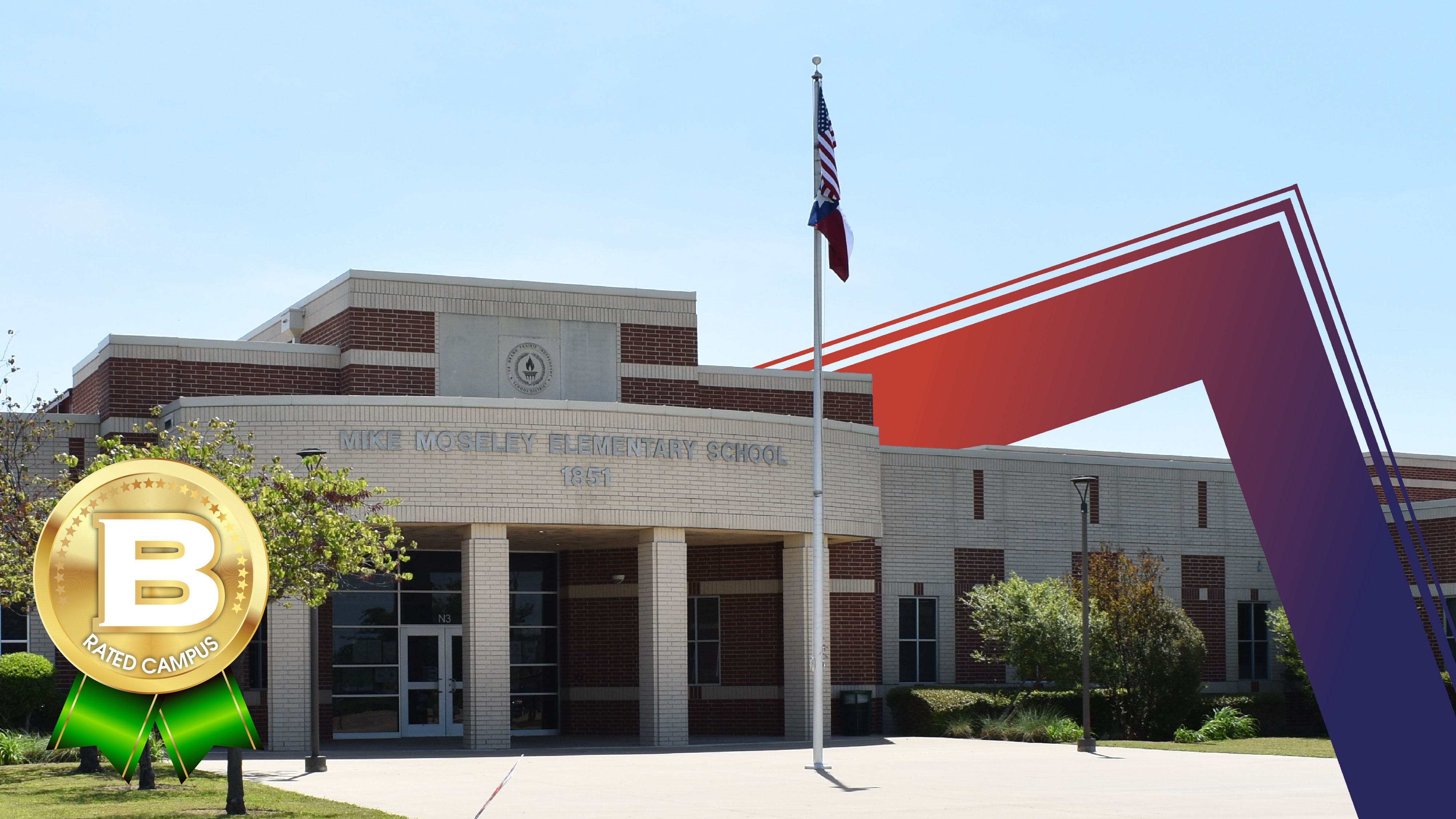 A brick and concrete elementary school with a flagpole in front is partially obscured by a large red and purple arrow graphic.