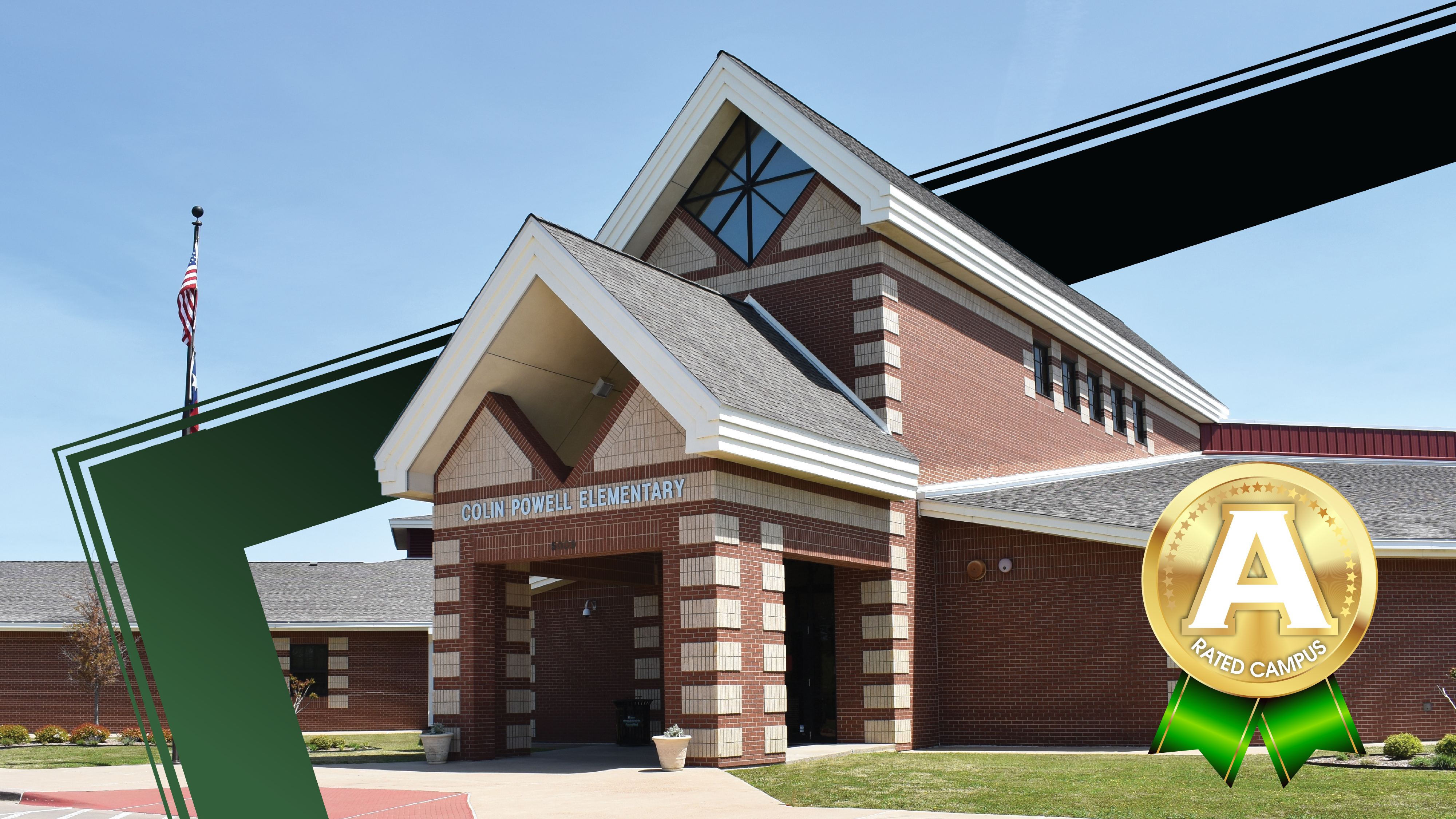 A brick school building with an "A" rated campus seal is in the foreground, set against a clear blue sky with abstract green and black graphic elements.