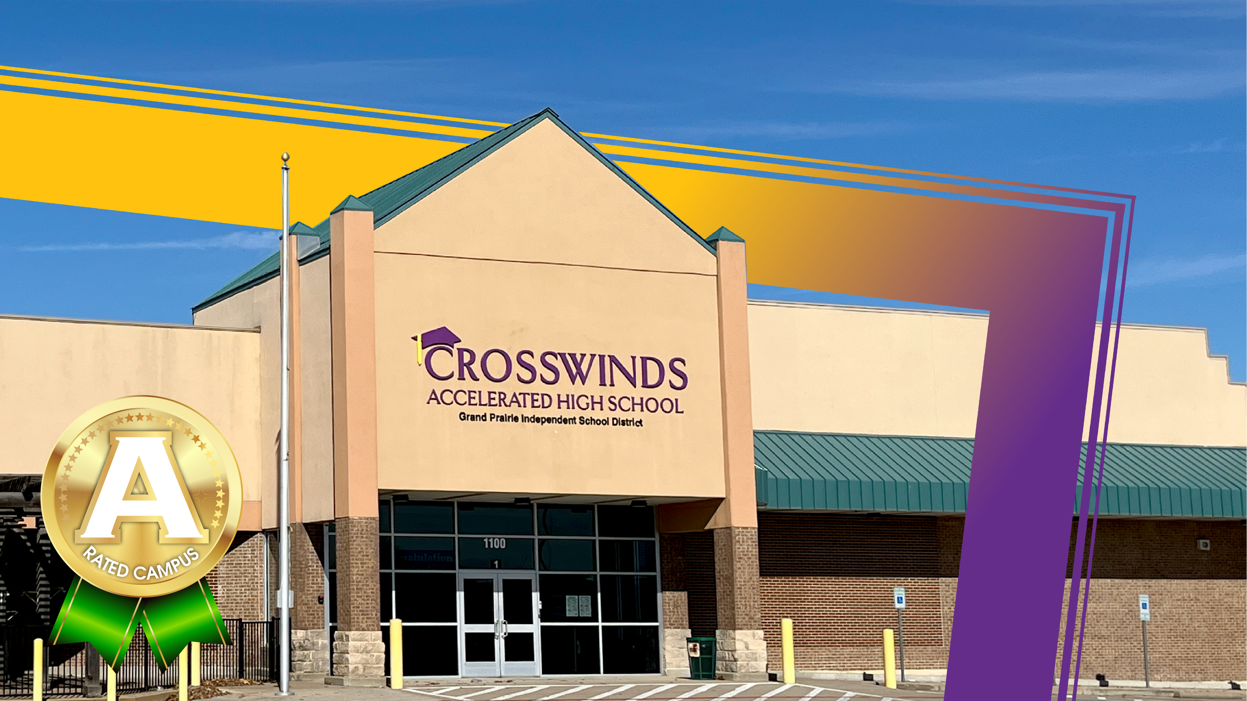 A modern school building with a prominent "A" award badge in the foreground is set against a clear blue sky with abstract yellow and purple overlays.