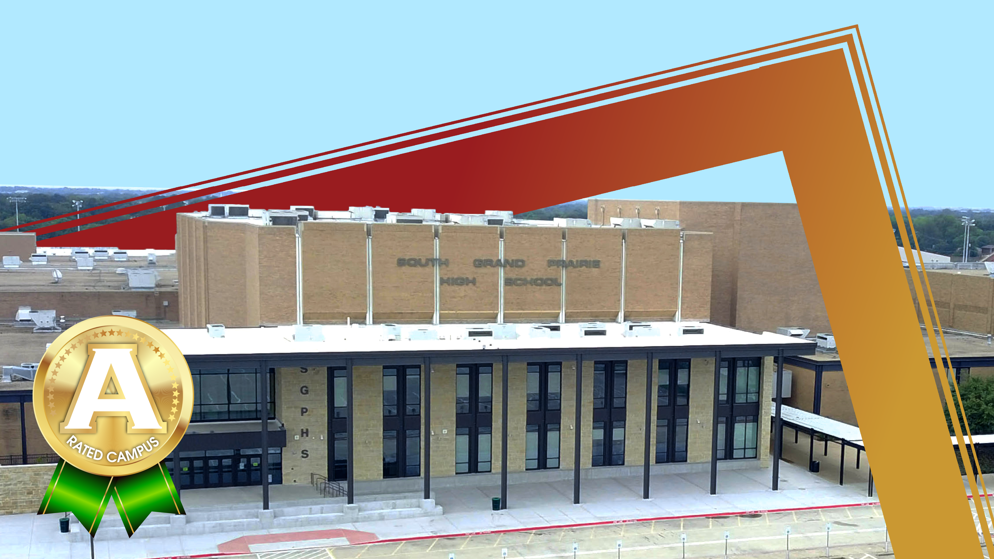 A golden ribbon award is superimposed over a modern brick high school building with a clear sky in the background.