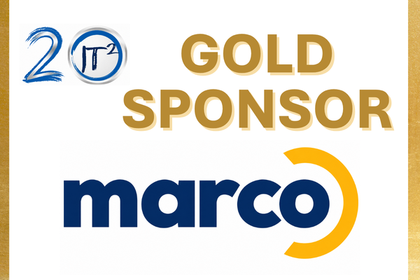 In the foreground, the "marco" logo is displayed in dark blue and yellow, while the background features gold lettering that reads "20 GOLD SPONSOR" with a circular logo.