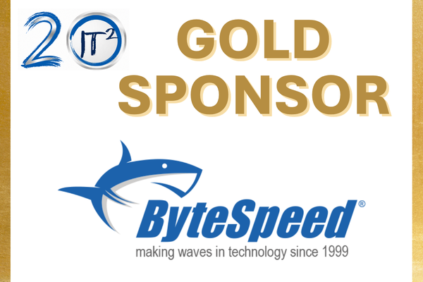 A blue shark logo with "ByteSpeed" text is in the foreground, with "20 GOLD SPONSOR" text and a circular logo in the background.