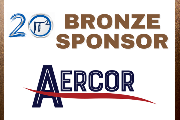 A white background displays "20" and a circular logo next to "BRONZE SPONSOR" in brown text, with the "AERCOR" logo in blue and red below it, all framed by a textured brown border.