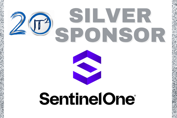 A silver sponsor logo with "20" and "IT²" in the upper left, a purple hexagon logo in the center, and "SentinelOne" below it, all set against a white background with a glittery border.