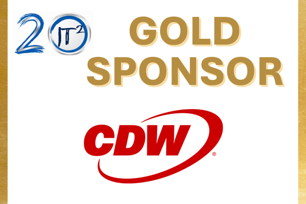 A gold sponsor logo for CDW is displayed against a white background with a gold border.