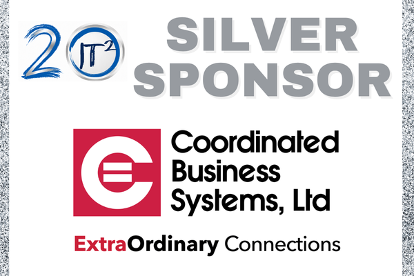 Silver sponsor text and a company logo are displayed on a white background with a glittery border.
