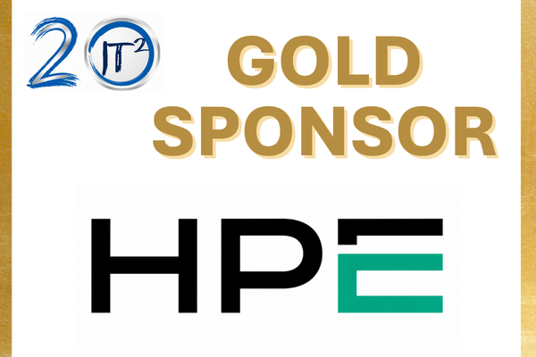 A gold border frames a white background with the number 20 and a circular logo in the upper left, followed by "GOLD SPONSOR" in gold text, and the HPE logo in black and green at the bottom.