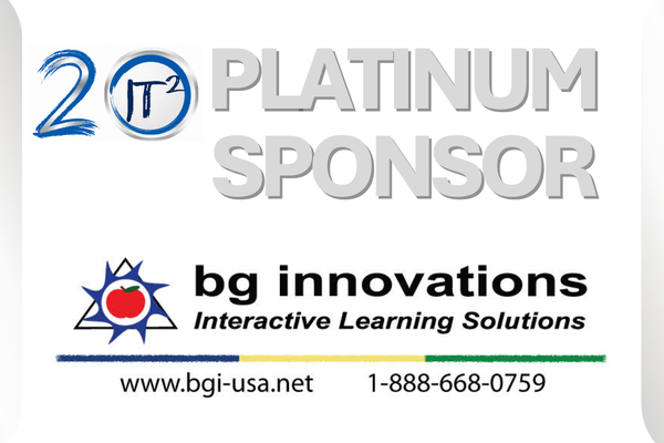 In the foreground, "bg innovations Interactive Learning Solutions" is displayed with contact information, while the background features "20 PLATINUM SPONSOR" in large, stylized text.