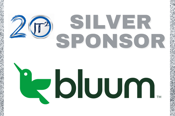 A green hummingbird logo and the word "bluum" are in the foreground, with "20" and "SILVER SPONSOR" text in the background, all set against a glittery border.