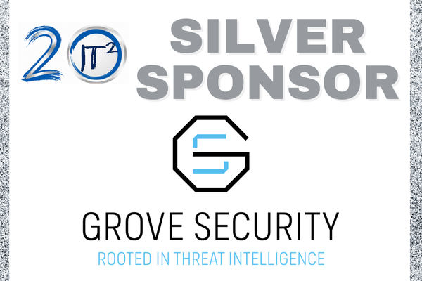 A silver sponsor logo for Grove Security, featuring the company's name and tagline, is set against a sparkling silver background.