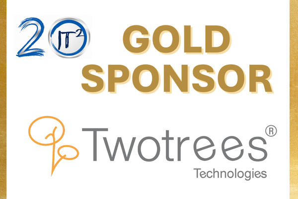 In the foreground, the "Twotrees Technologies" logo is displayed below "GOLD SPONSOR" text and a "20 π²" graphic, all set against a textured gold background.