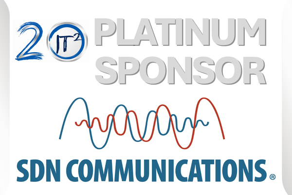 In the foreground, the words "SDN COMMUNICATIONS" are displayed in bold blue letters below a stylized waveform, while the background features "20" and "PLATINUM SPONSOR" in large, metallic gray text.