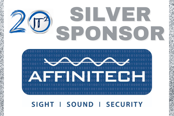 A silver sponsor logo for "AFFINITECH" with "SIGHT | SOUND | SECURITY" is displayed against a background of binary code and glitter.