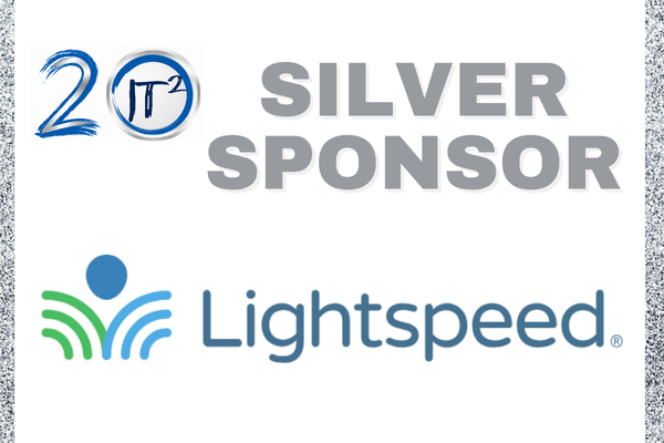 Silver sponsor logos, including "20 π²" and "Lightspeed," are displayed on a white background with a glittery border.