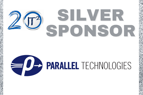 A silver sponsor logo with "20" and a pi symbol is in the upper left, while the "PARALLEL TECHNOLOGIES" logo is in the lower center, all against a white background with a glittery border.