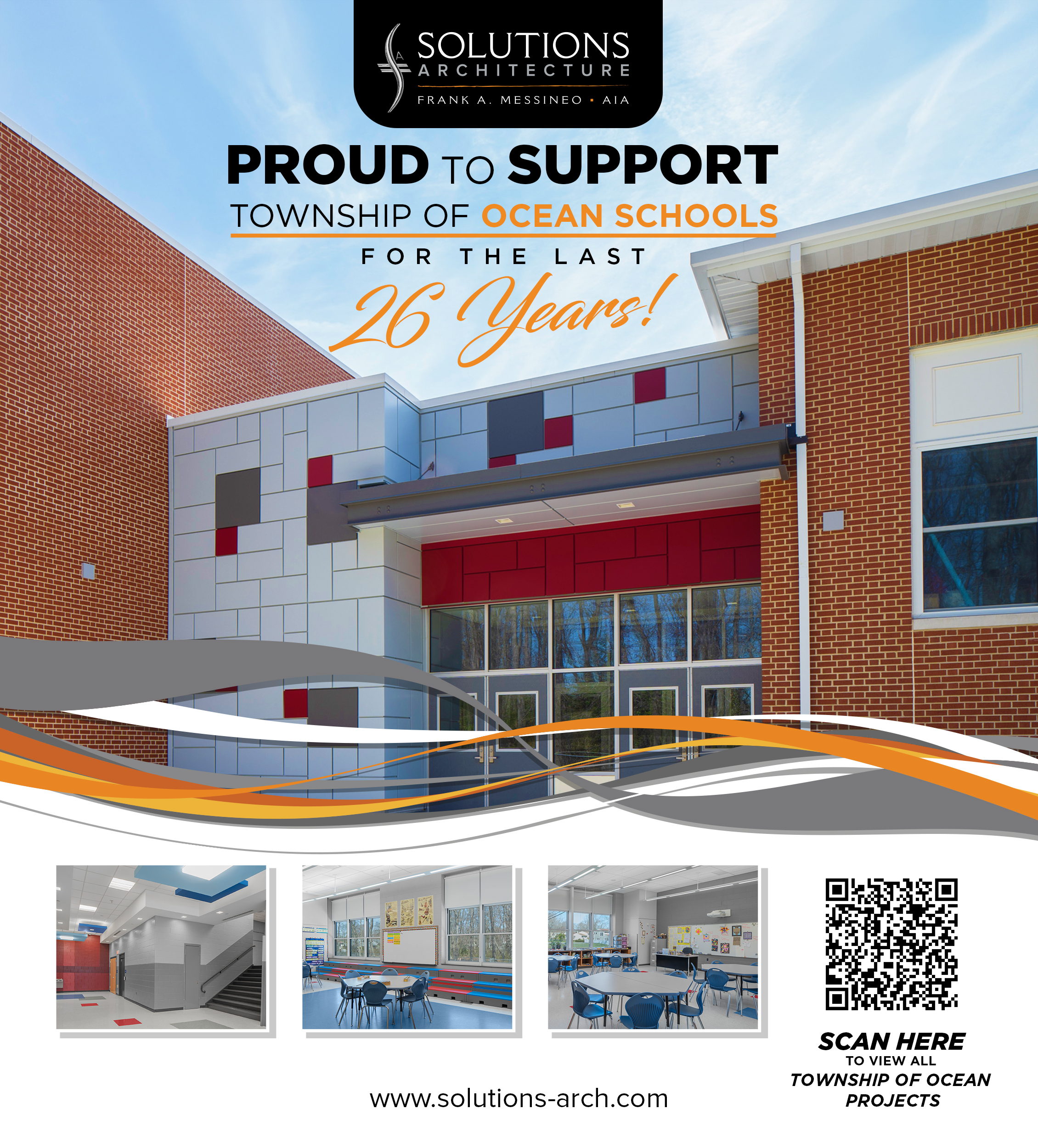 A modern brick building with a colorful facade stands against a bright sky, with three interior shots and a QR code in the foreground.