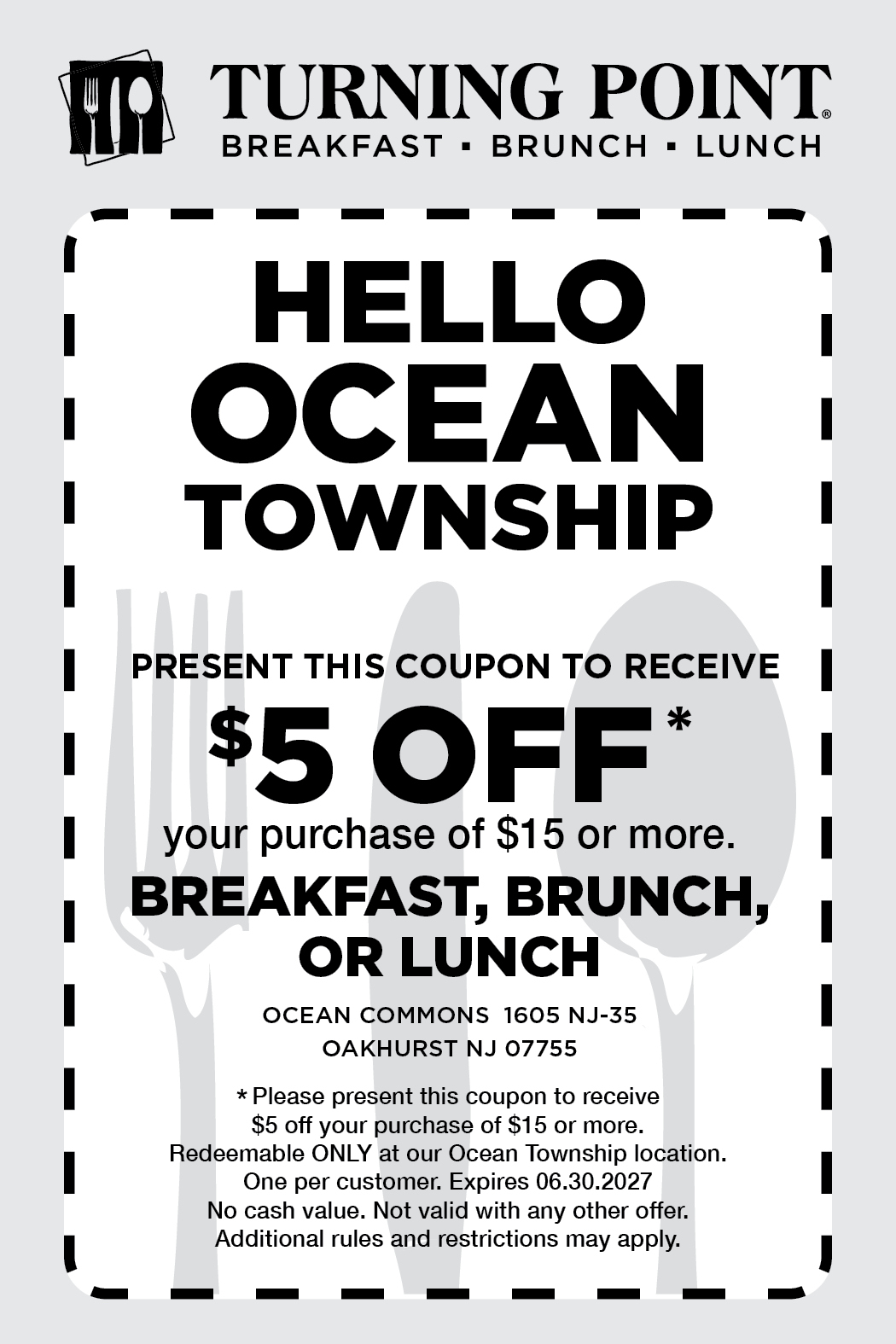 A coupon for $5 off breakfast, brunch, or lunch at Turning Point in Ocean Township is presented against a light gray background with a dashed border and faint silverware graphics.