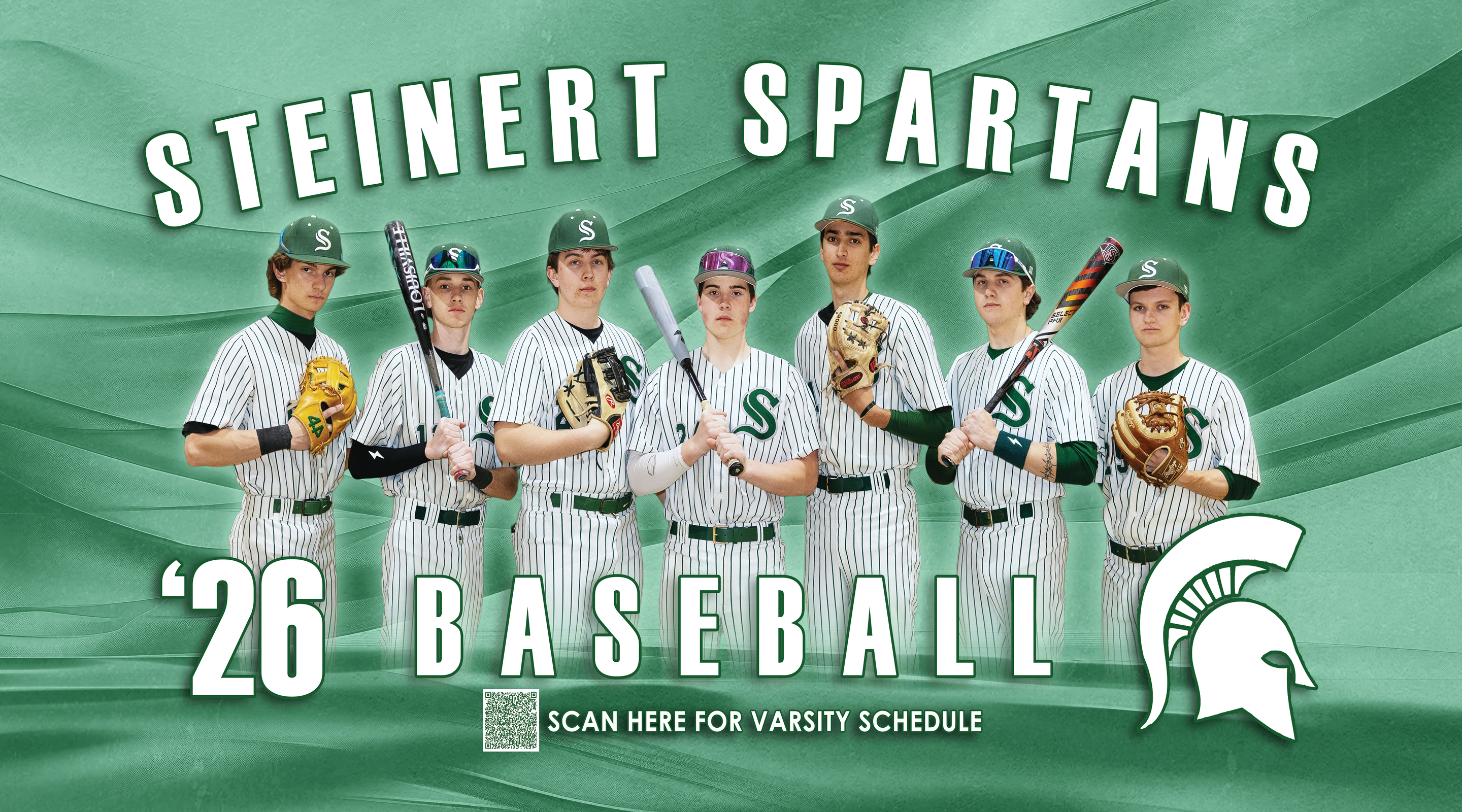 Seven young men in baseball uniforms stand in the foreground holding bats and gloves, with the "STEINERT SPARTANS '26 BASEBALL" text and a Spartan helmet logo in the green, textured background.
