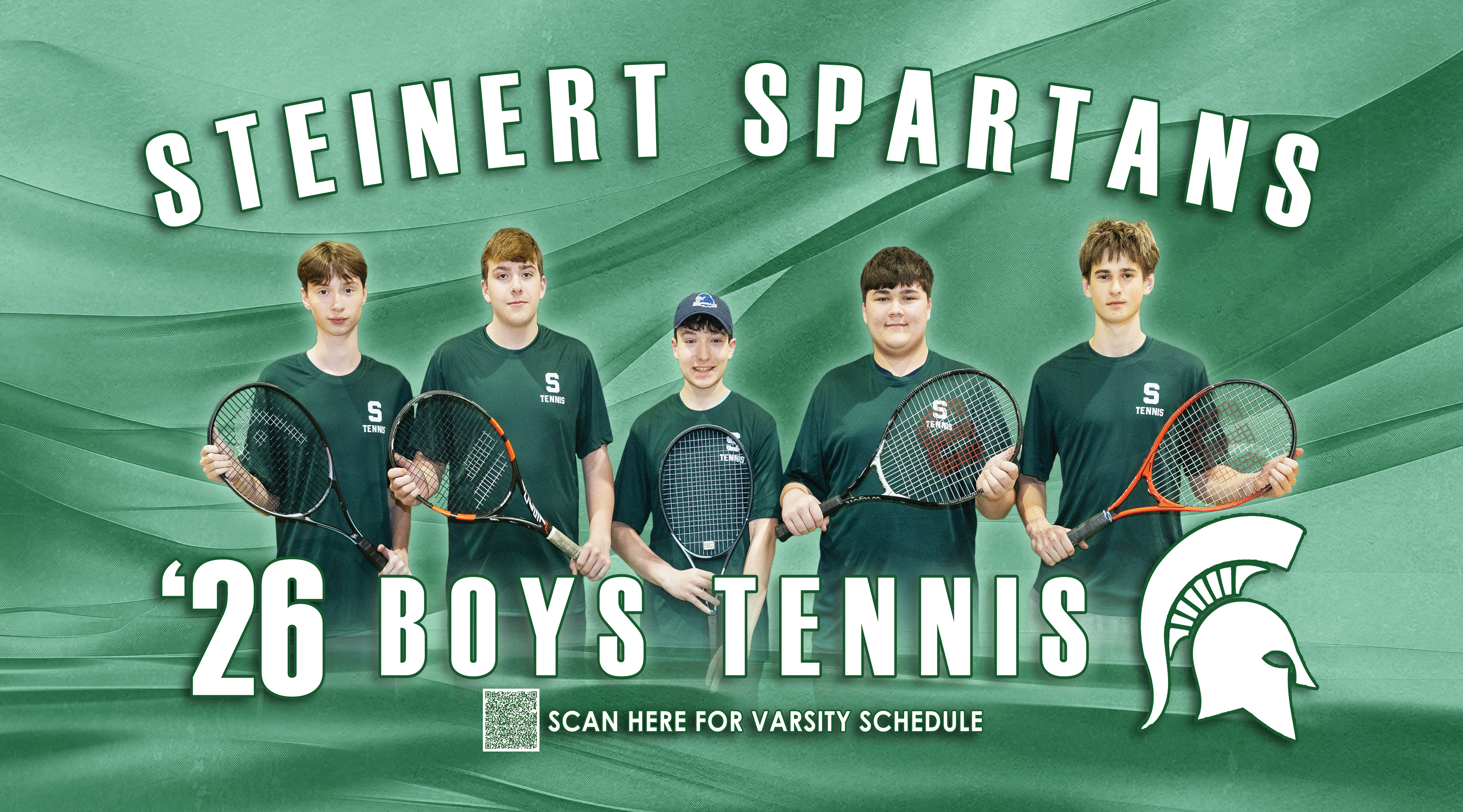 Five young men in green shirts stand with tennis rackets in front of a green background with "STEINERT SPARTANS '26 BOYS TENNIS" text and a Spartan helmet logo.