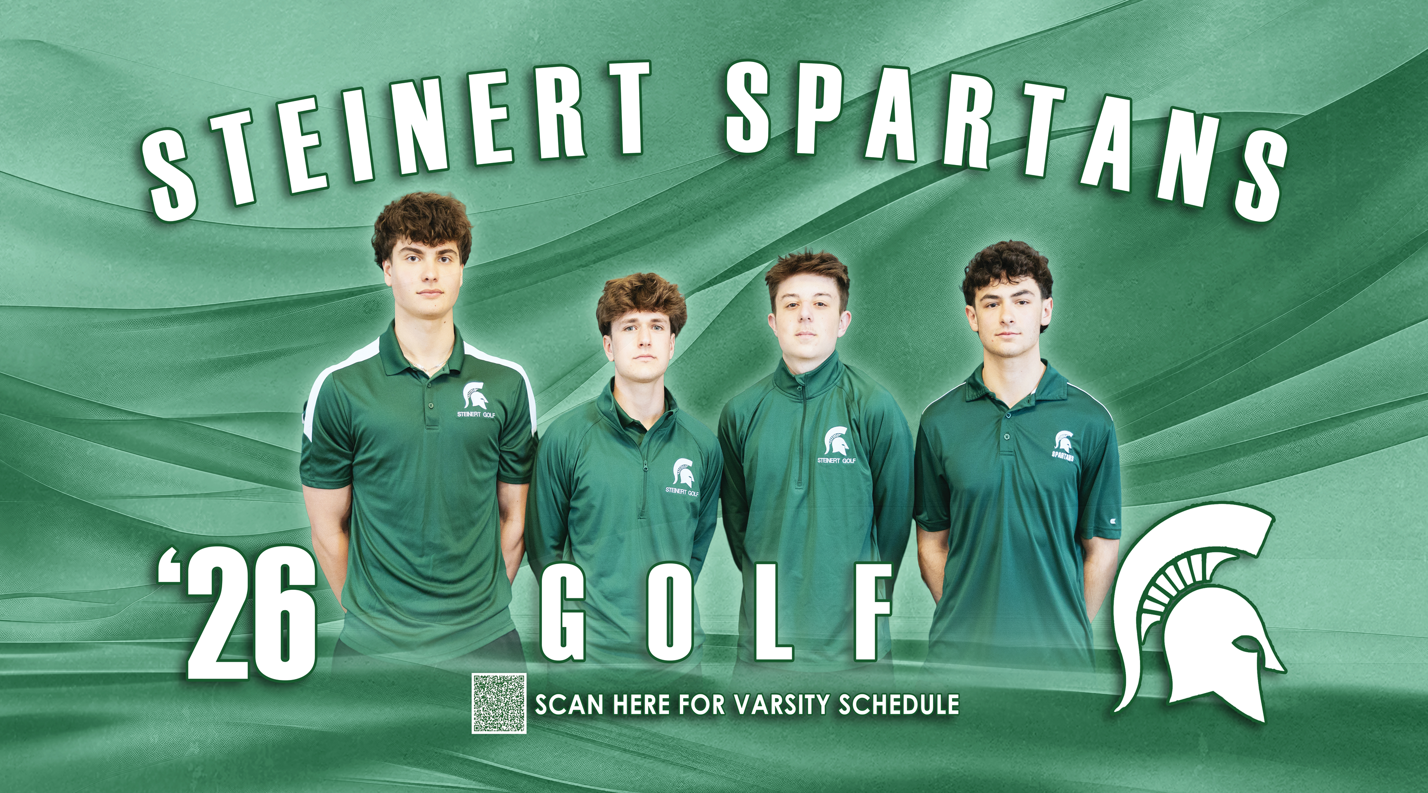 Four young men in green golf shirts stand in the foreground with "STEINERT SPARTANS '26 GOLF" text and a Spartan helmet graphic in the background.
