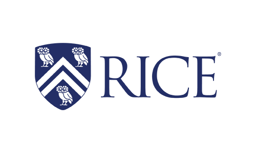 A blue shield with owls and chevrons is to the left of the word "RICE" in blue text, all set against a white background.