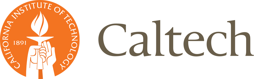 An orange circular emblem with a torch and the words "California Institute of Technology 1891" is on the left, and the word "Caltech" is on the right, both on a white background.