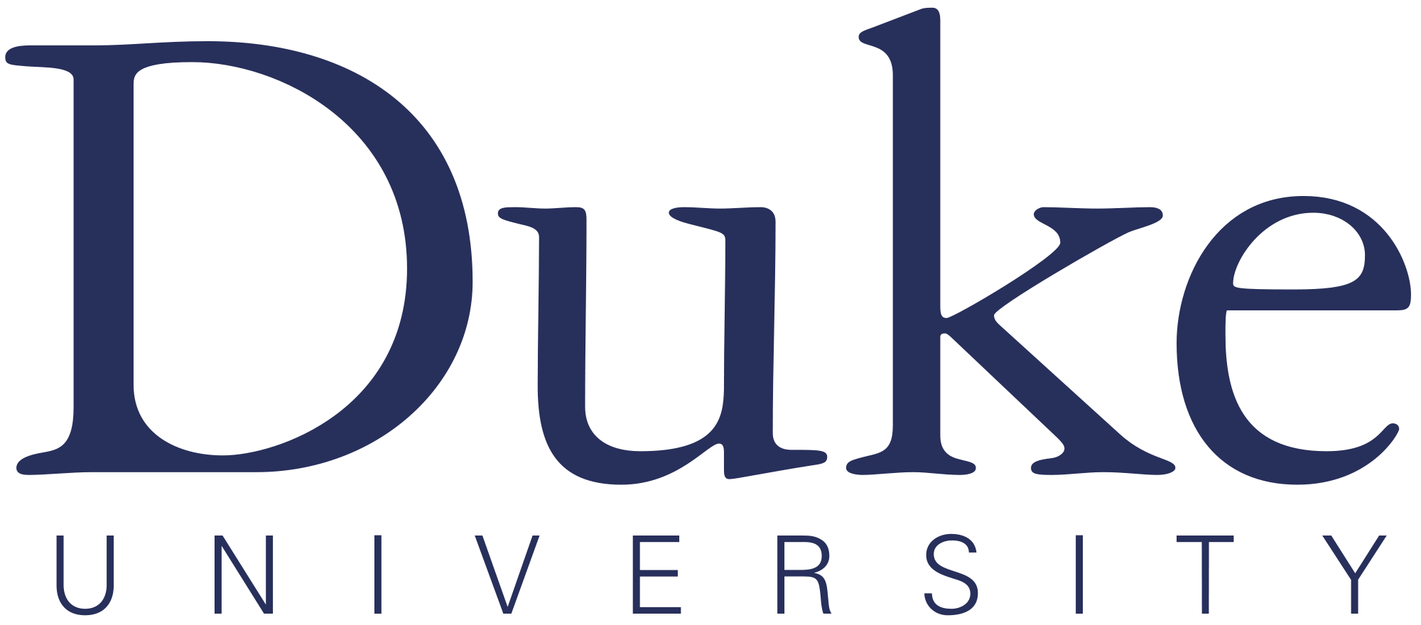 The foreground displays the word "Duke" in large, dark blue serif font, with "UNIVERSITY" in smaller, dark blue serif font below it, all set against a plain white background.