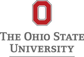 A red and white Ohio State University logo is centered on a white background.