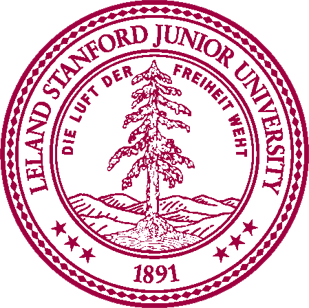 A maroon seal features a tall evergreen tree in the foreground against a backdrop of rolling hills and the text "LELAND STANFORD JUNIOR UNIVERSITY" and "DIE LUFT DER FREIHEIT WEHT" with the year "1891" at the bottom.
