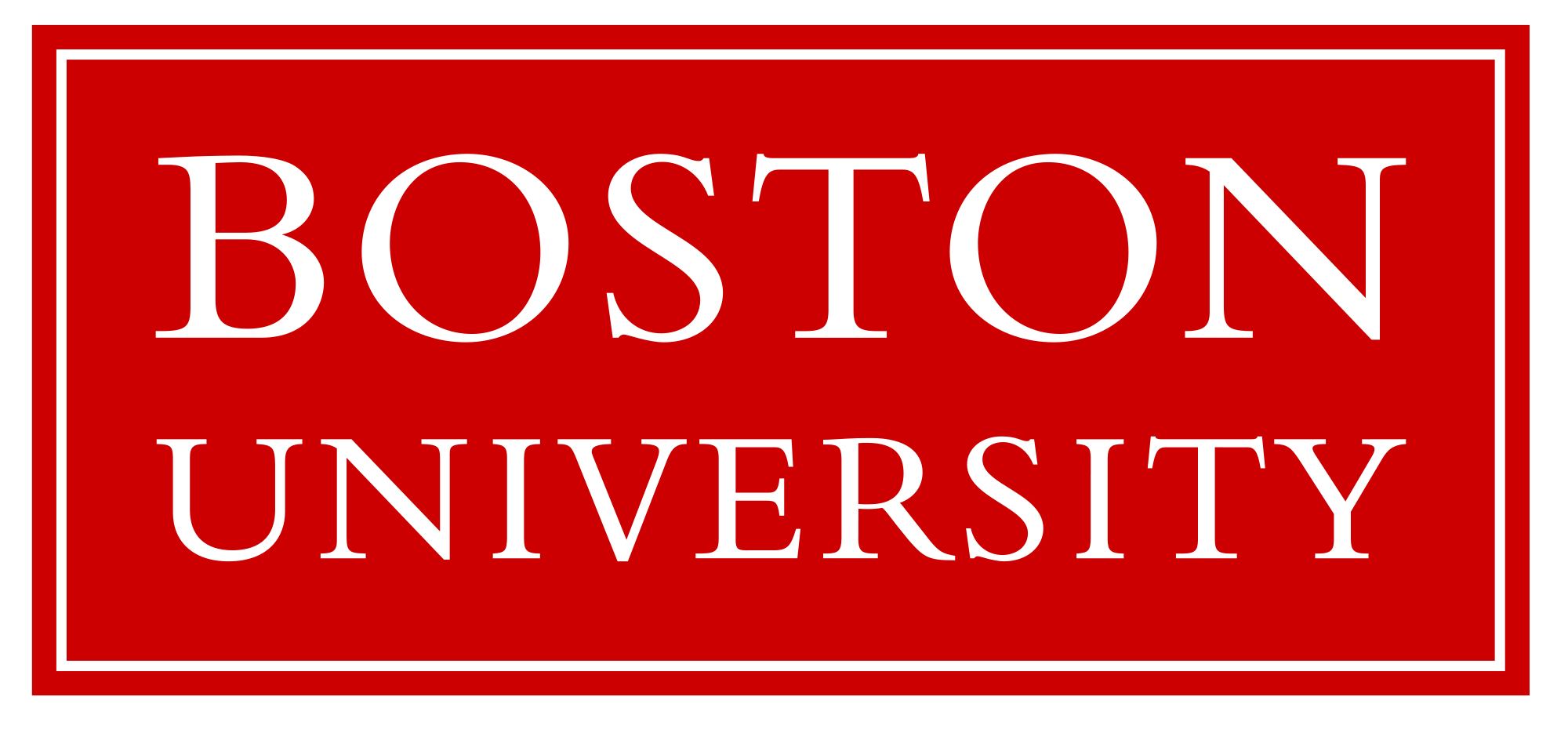 White text reading "BOSTON UNIVERSITY" is centered on a red background, enclosed by a thin white border.