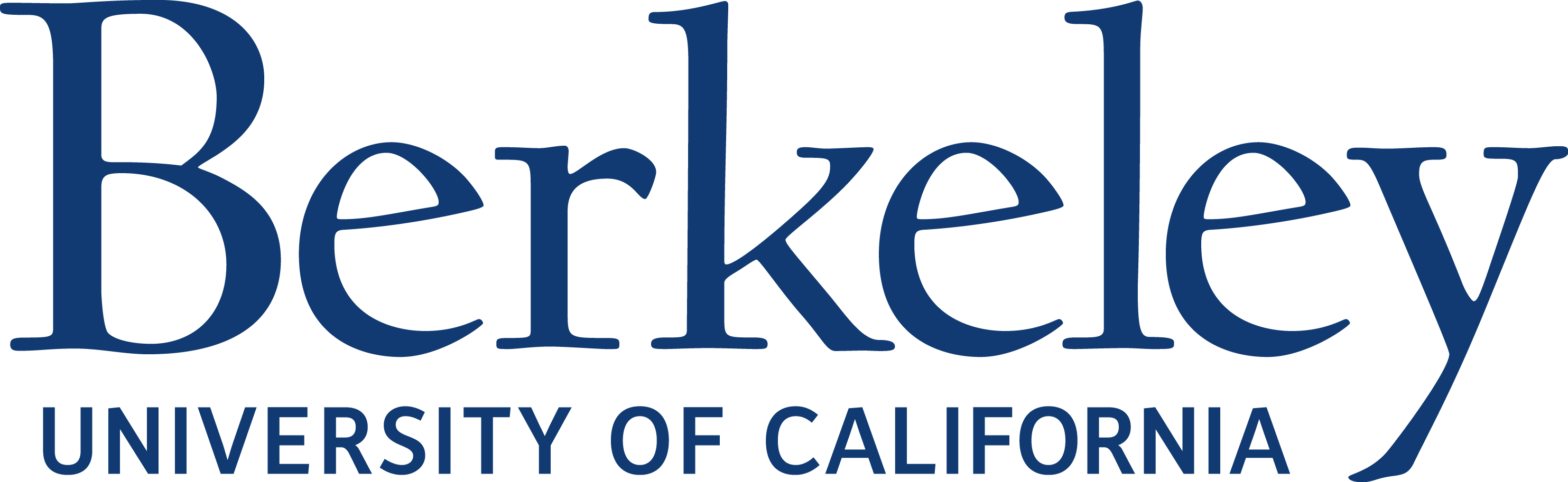 The foreground displays the word "Berkeley" in large, dark blue serif font, with "UNIVERSITY OF CALIFORNIA" in smaller, dark blue sans-serif font below it, all set against a plain white background.