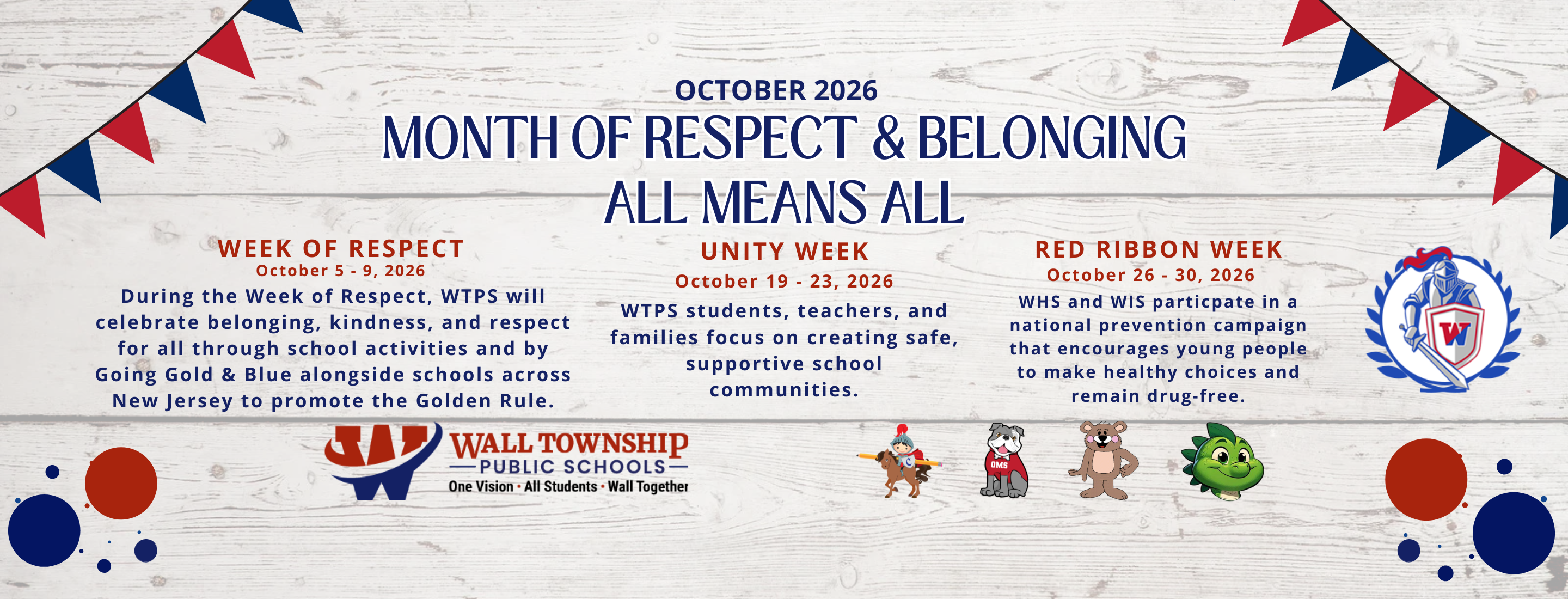 A promotional flyer for "Month of Respect &amp; Belonging" features event details and school logos in the foreground against a white wooden background adorned with red, white, and blue bunting.