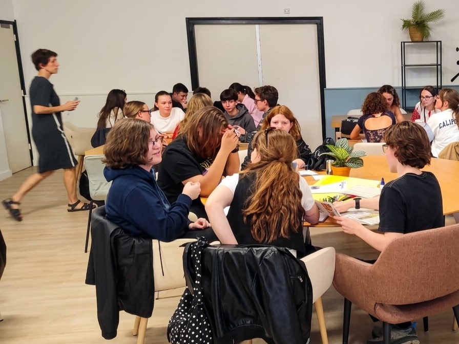 Students from different schools working in groups at a workshop