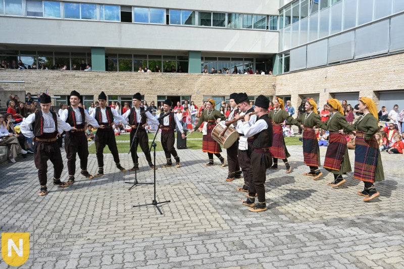 Dancers in traditional Macedonian costume performing a circle dance