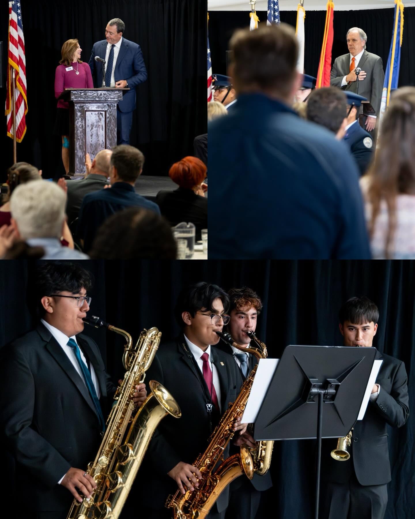A collage featuring a man and woman speaking at a podium before an audience, a man addressing a group of uniformed officers, and three young men in suits playing saxophones on a stage.