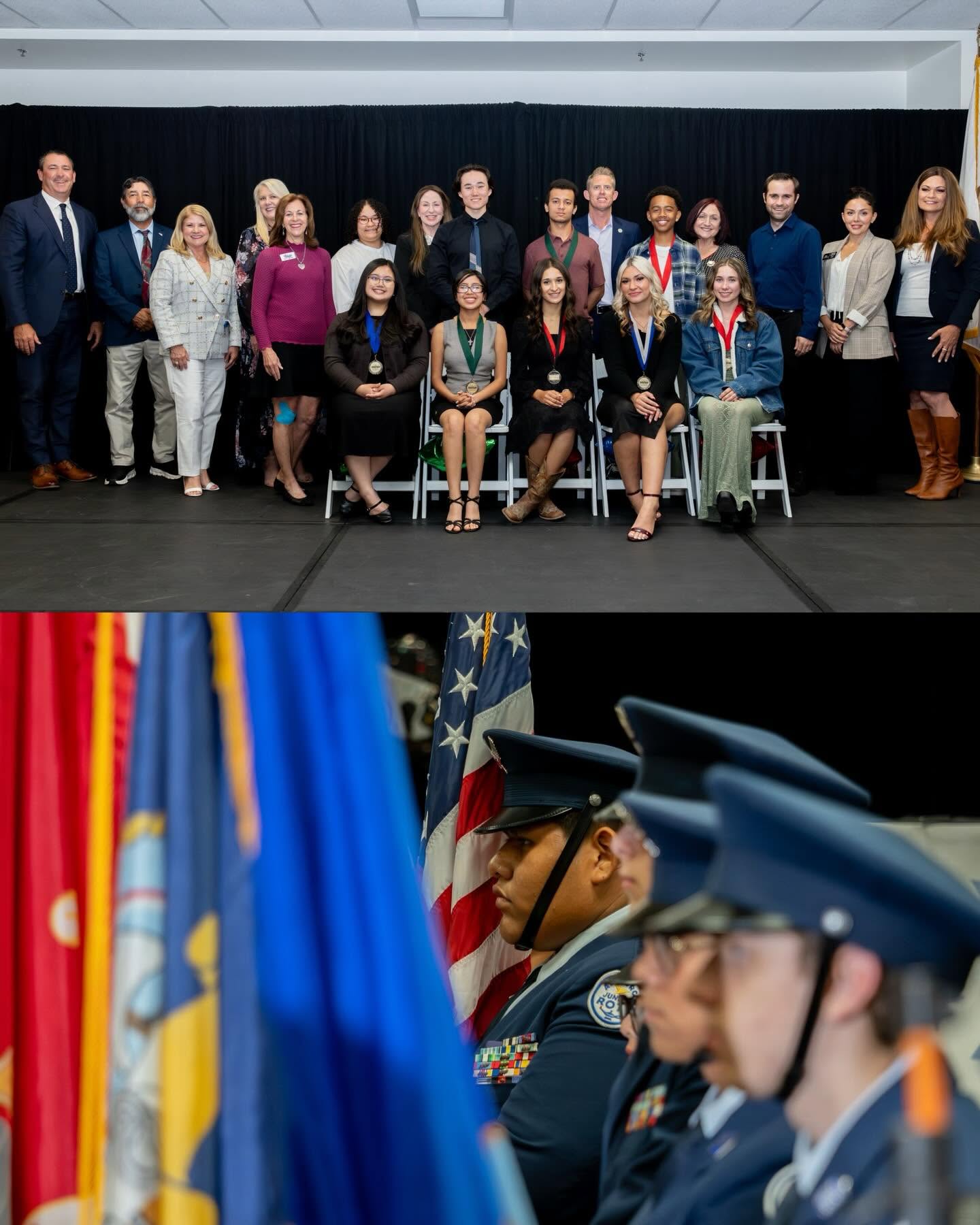A group of people pose for a photo against a black curtain in the top image, while uniformed officers stand behind colorful flags in the bottom image.