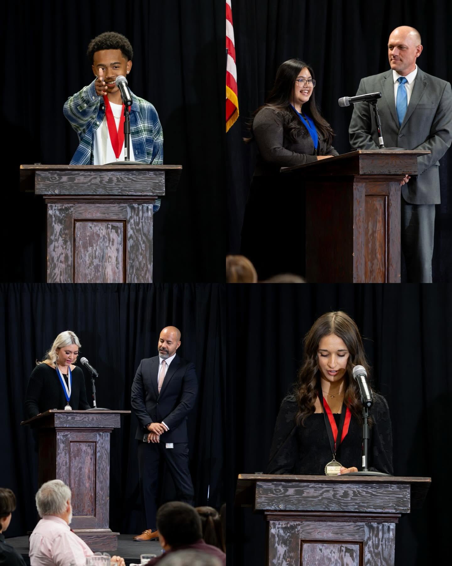 Two separate scenes show individuals speaking at wooden podiums against a backdrop of black curtains.