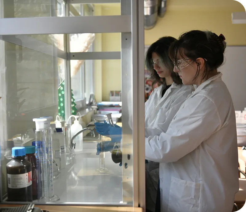Two scientists in white lab coats and safety goggles observe an experiment inside a fume hood in a laboratory setting.