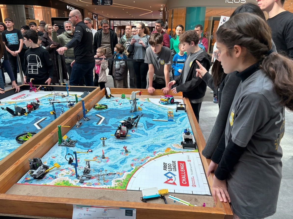 Children and adults gather around a LEGO League competition table in the foreground, with a crowded indoor public space in the background.