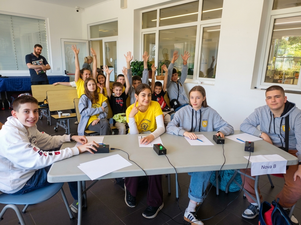 A group of students sit at a table with buzzers in the foreground, while other students wave their hands and a man stands in the background of a bright classroom.